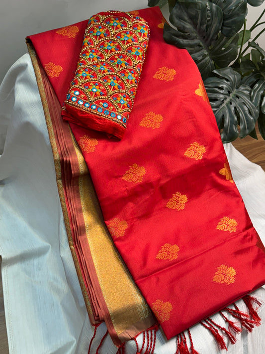 Tomato Red Soft Silk Saree With Work Blouse Combo