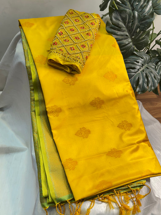 Yellow Soft Silk Saree With Work Blouse Combo