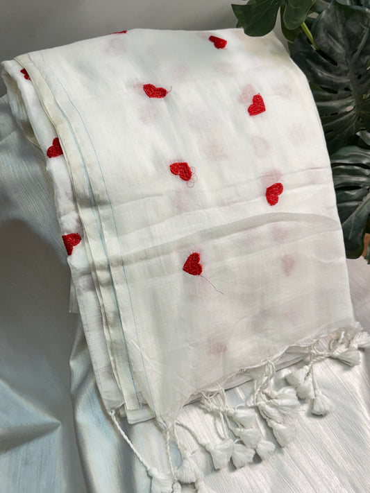 White with Red Heart Mul-Cotton Saree