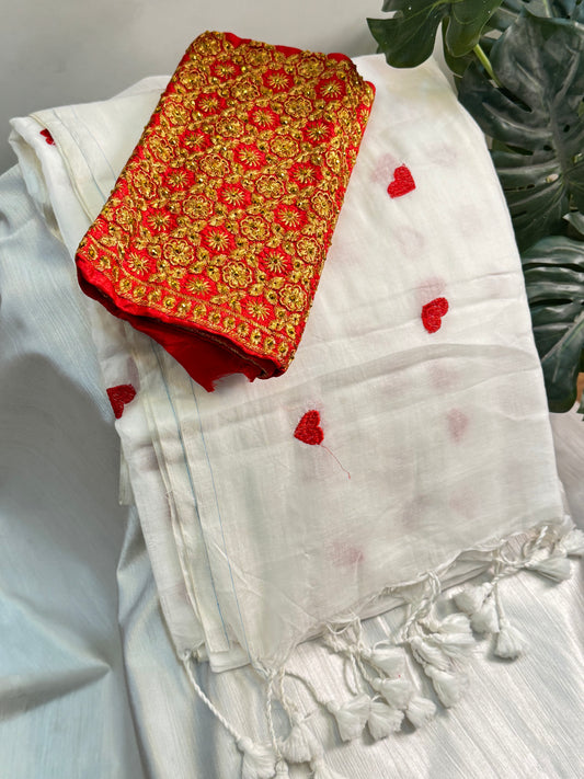 White with Red Heart Mul-cotton Saree With Work Blouse Combo