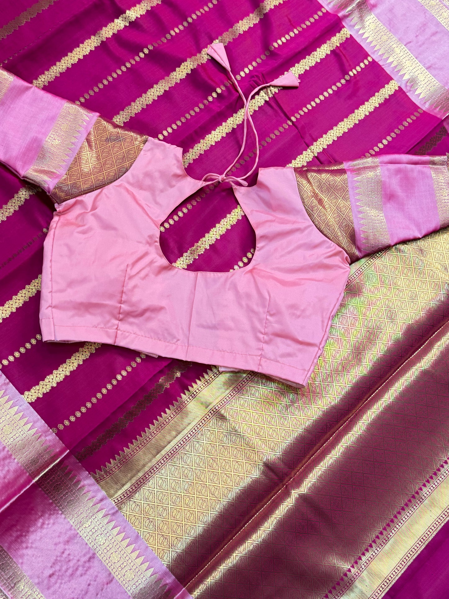 Pink Semi Kathan Saree With Stitched Blouse Combo