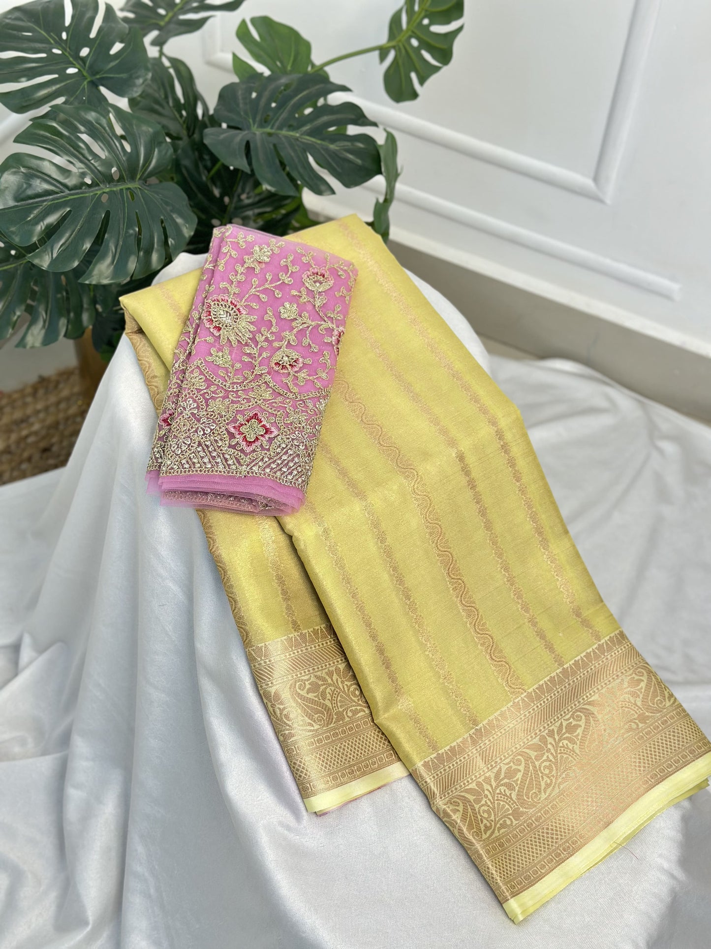 Light Yellow Pink Tissue Saree with Work Blouse Combo