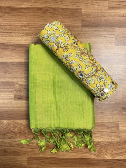 Parrot Green Mangalgiri Plain Silk Saree with Handwork Kalamkari Blouse