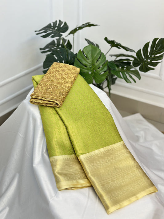 Neon Green Semi Silk Saree with Work Blouse Combo