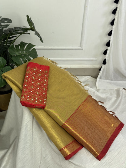 Golden Red Tissue Saree with Work Blouse Combo