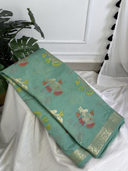 Rama Green Semi Chinnia Silk Saree