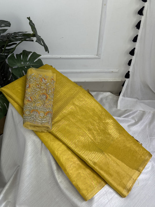 Yellow Tissue Saree with Work Blouse Combo