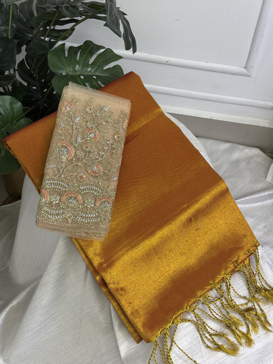 Golden Orange Tissue Poly Silk Saree with work blouse combo