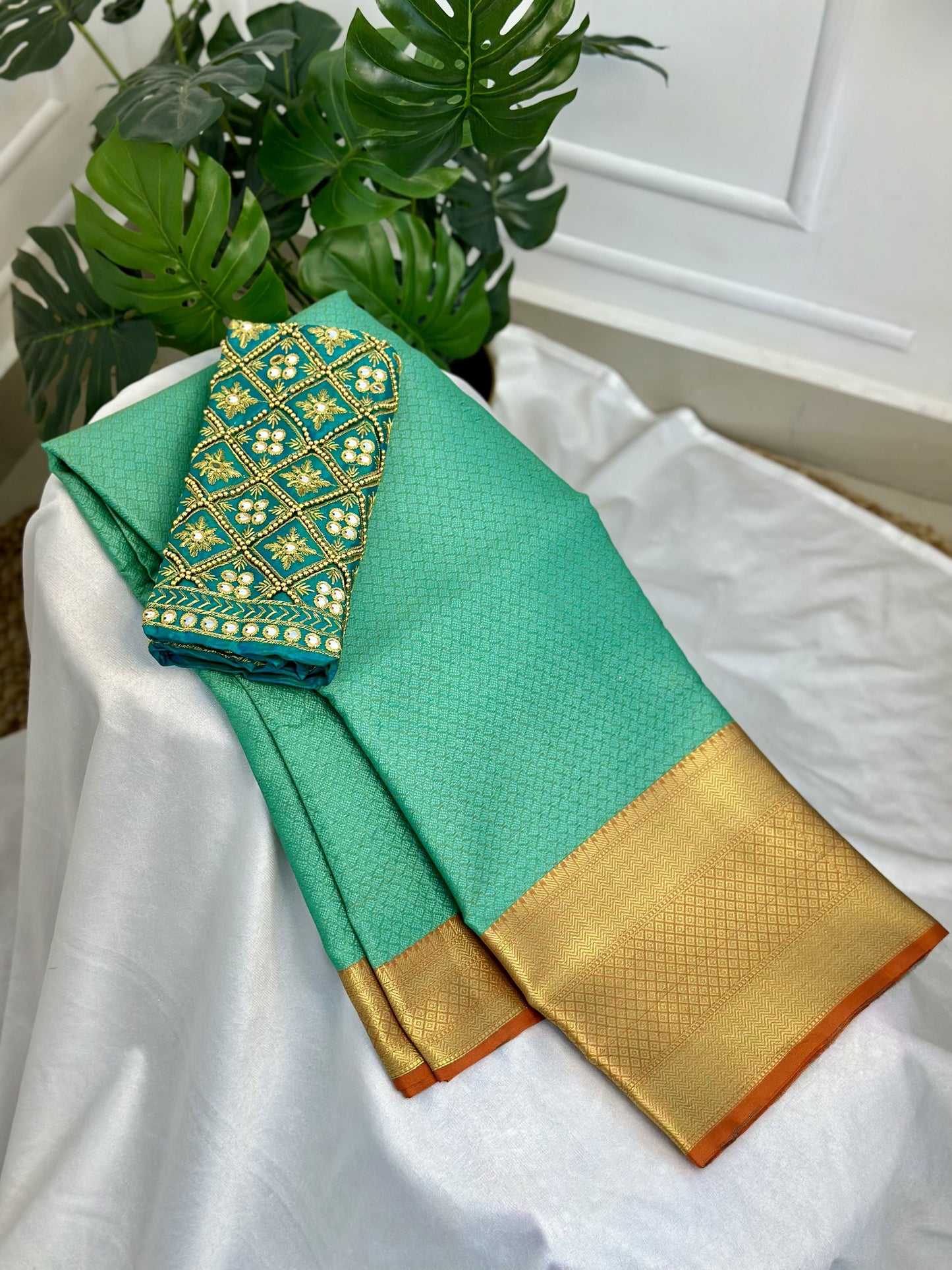 Rama Green & Orange Kora Muslin Saree with Work blouse combo