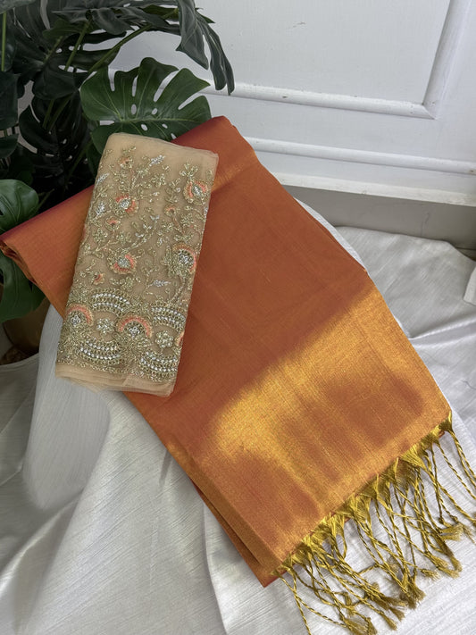 Rose Gold Tissue Poly Silk Saree with work blouse combo