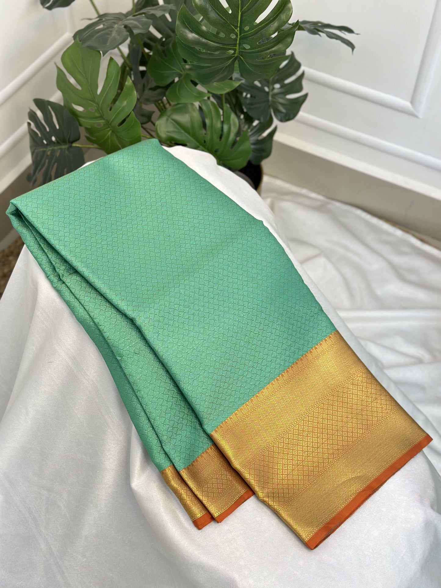 Rama Green & Orange Big Border Kora Muslin Saree