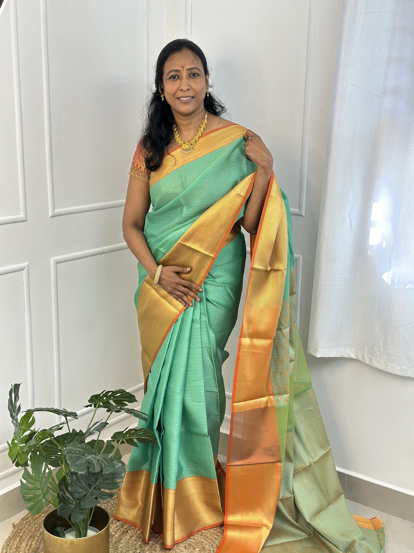 Rama Green & Orange Kora Muslin Saree with Work blouse combo