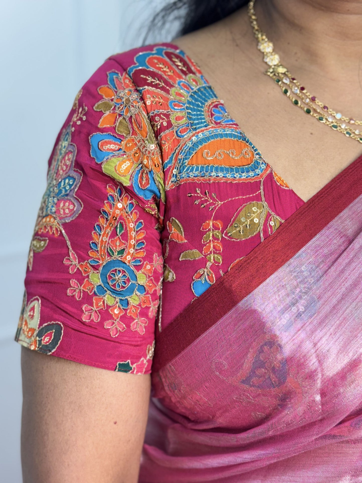 Pink Crepe Silk Blouse Stitched.