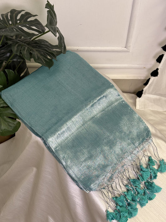 Silver Seafoam Green  Plain Tissue Saree