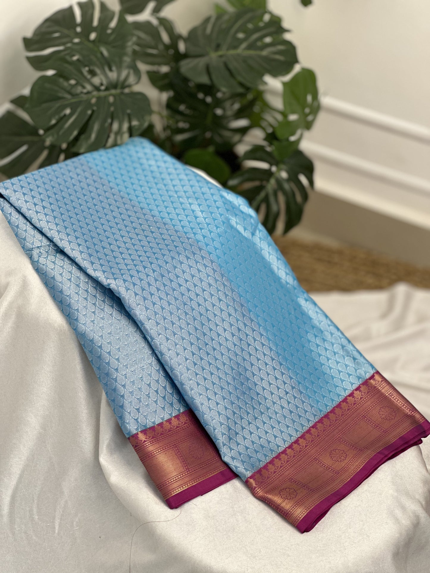 Light Blue Pink Kora Muslin Saree with Work blouse combo