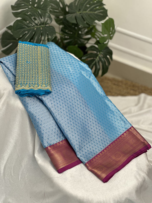 Light Blue Pink Kora Muslin Saree with Work blouse combo