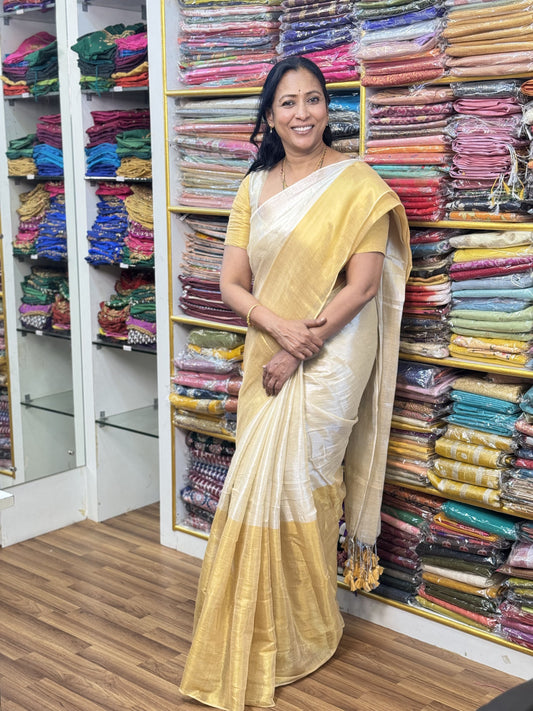 Golden Biege Dual Plain Khadi Tissue Saree with Stitched Blouse