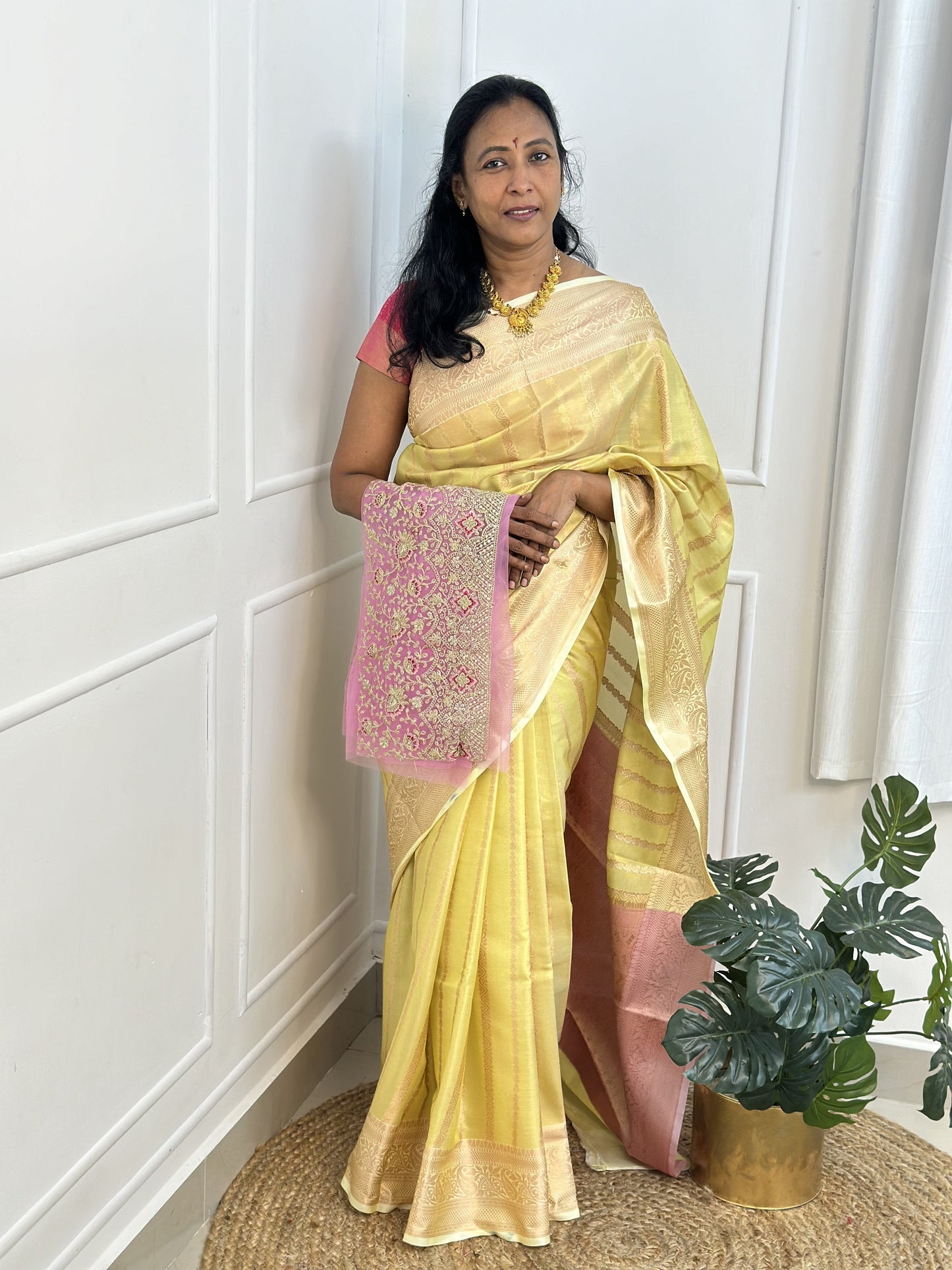 Light Yellow Pink Tissue Saree with Work Blouse Combo