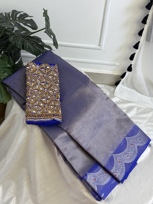 Blue Tissue Saree with Work Blouse Combo