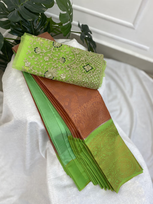 Copper Green Tissue Saree with Work Blouse Combo