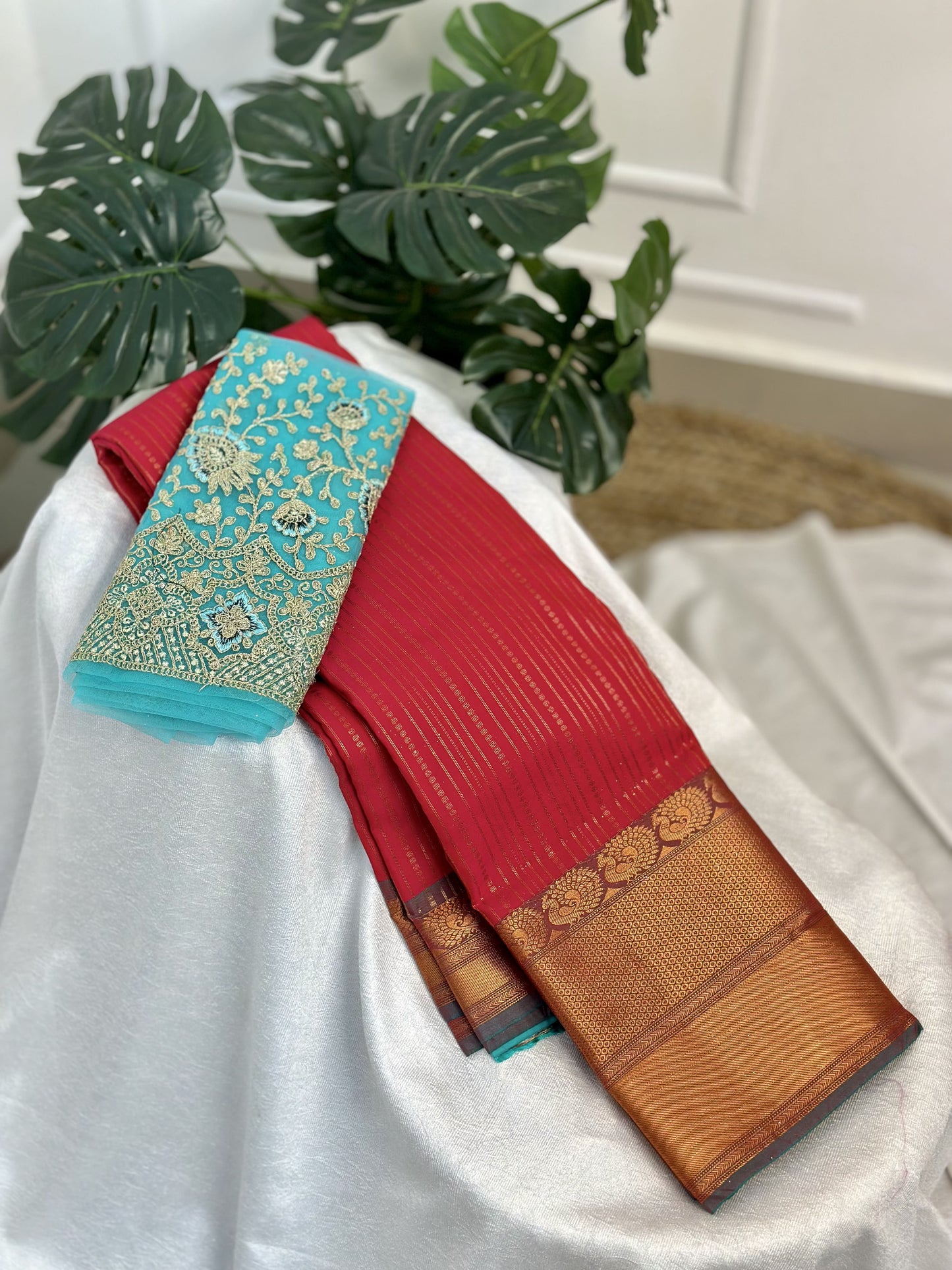 Red Semi Silk Saree with Work Blouse Combo