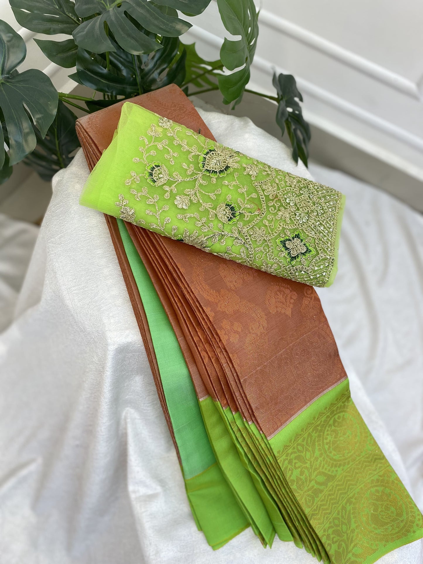 Copper Green Tissue Saree with Work Blouse Combo