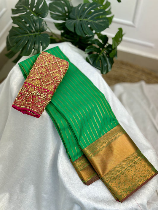 Green Semi Silk Saree with Work Blouse Combo