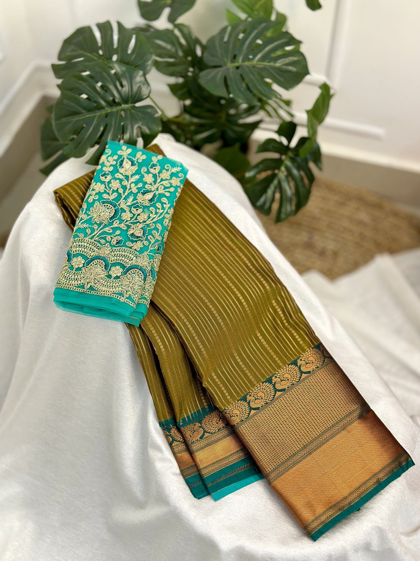 Mehendi Green Semi Silk Saree with Work Blouse Combo