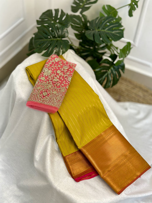 Yellow Semi Silk Saree with Work Blouse Combo