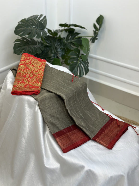 Grey Red Cotton Saree