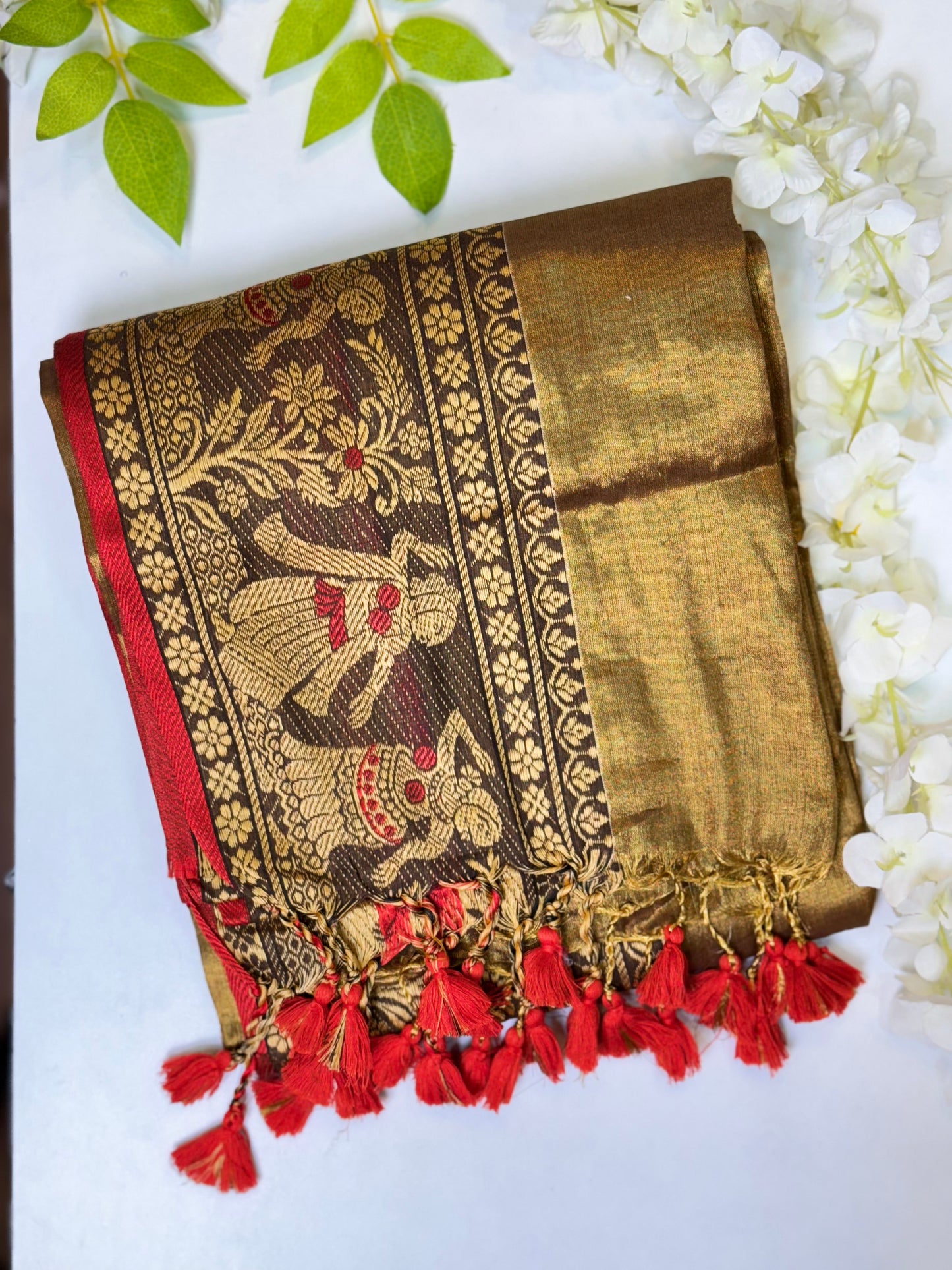 Golden Caramel  With Lady Bordered Plain  Khadi  Tissue Saree