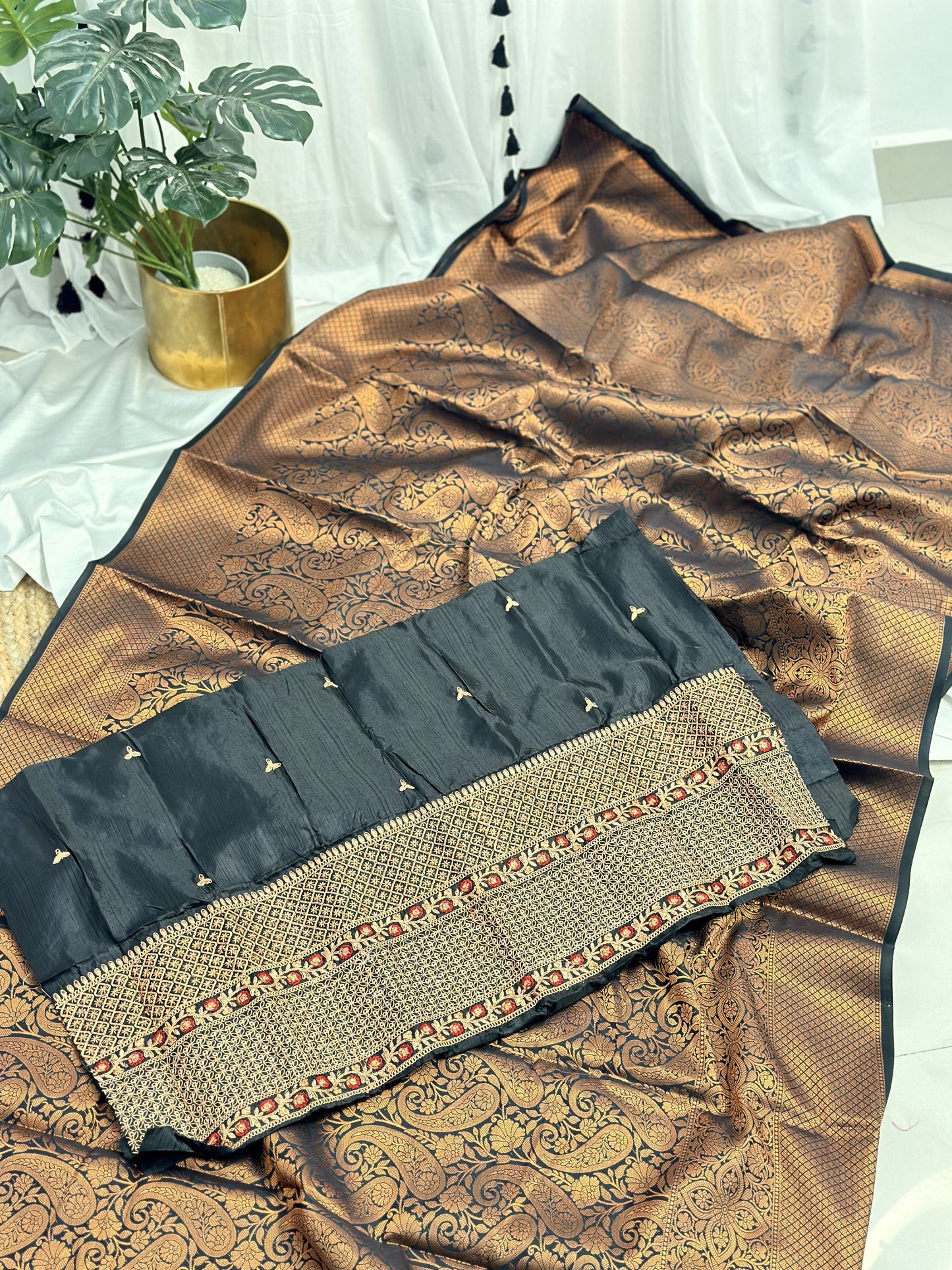 Black Semi Kathan Silk Saree with Work Blouse Combo