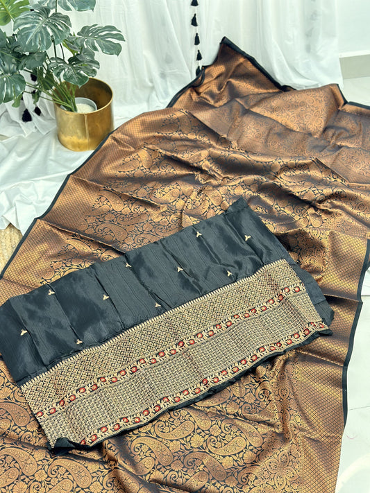 Black Semi Kathan Silk Saree with Work Blouse Combo