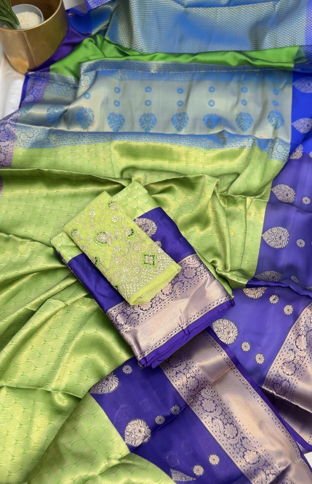 Light Green Tissue Saree with Work Blouse Combo