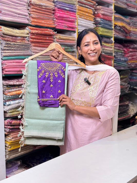 Sea Foam Green Mangalgiri Plain Silk Saree with  Blouse