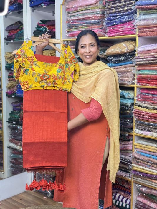 Red Plain Khadi Tissue Saree with Stitched Blouse