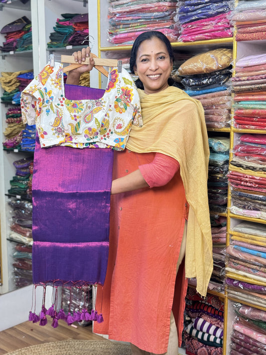 Purple Plain Khadi Tissue Saree with Stitched Blouse
