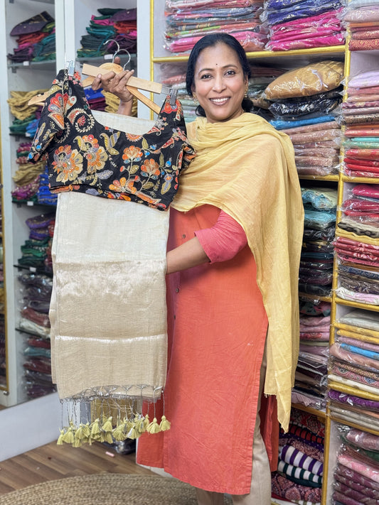Beige Plain Khadi Tissue Saree with Stitched Blouse