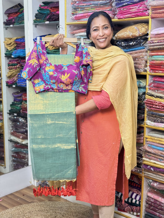 Rama Green Plain Khadi Tissue Saree with Stitched Blouse