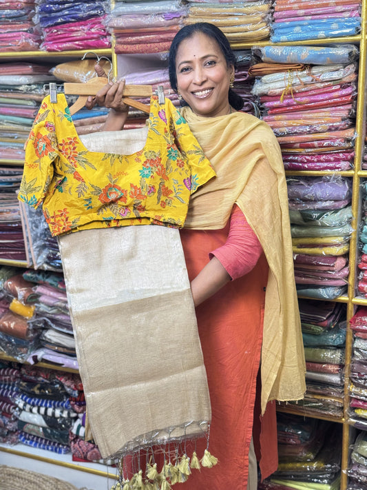 Beige Plain Khadi Tissue Saree with Stitched Blouse