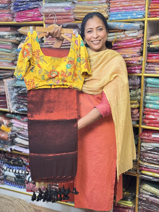 Maroon Plain Khadi Tissue Saree with Stitched Blouse
