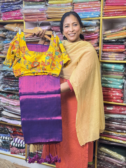 Purple Plain Khadi Tissue Saree with Stitched Blouse