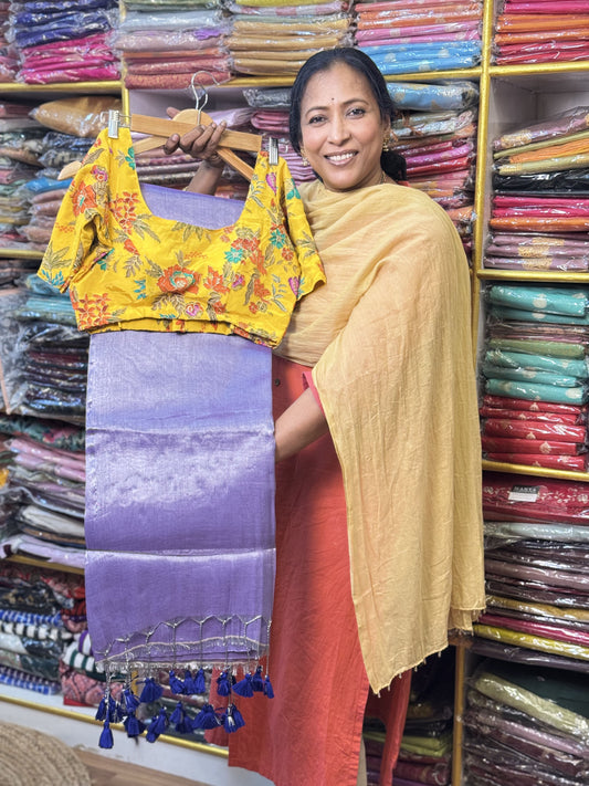 Silver Lavendar Plain Khadi Tissue Saree with Stitched Blouse