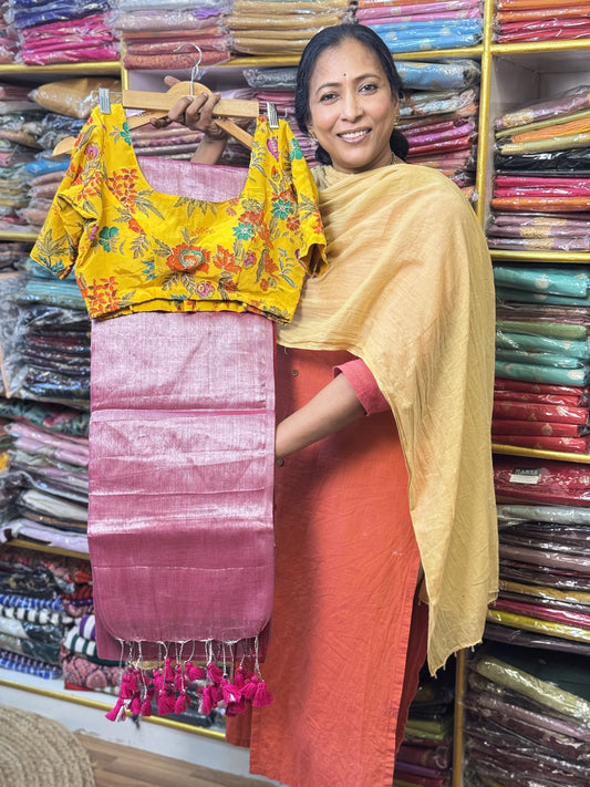 Light Pink Plain Khadi Tissue Saree with Stitched Blouse