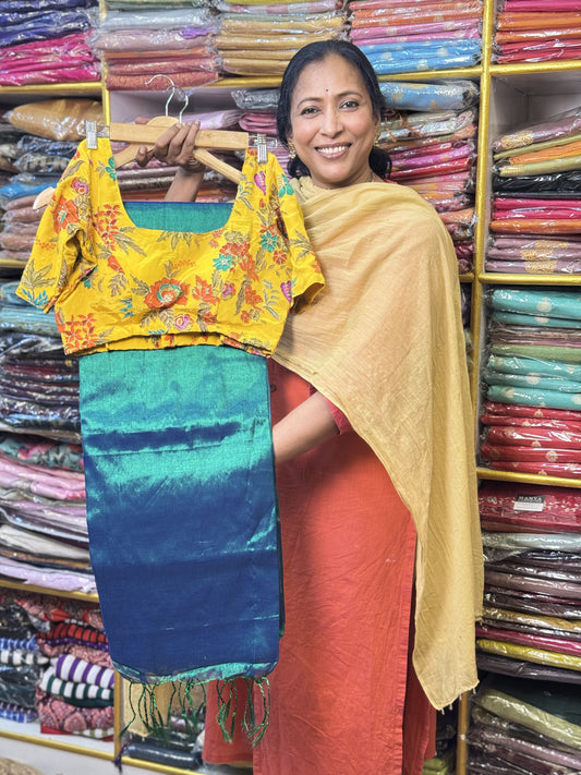 Peacock Green Plain Khadi Tissue Saree with Stitched Blouse