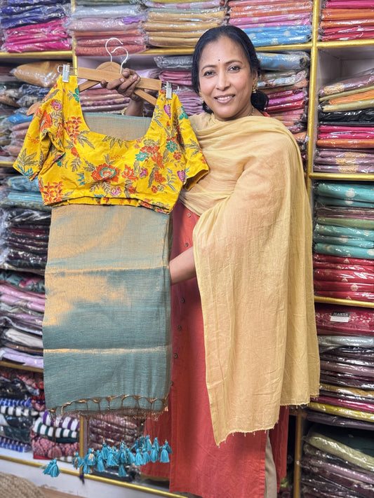 Copper Rama Green Plain Khadi Tissue Saree with Stitched Blouse