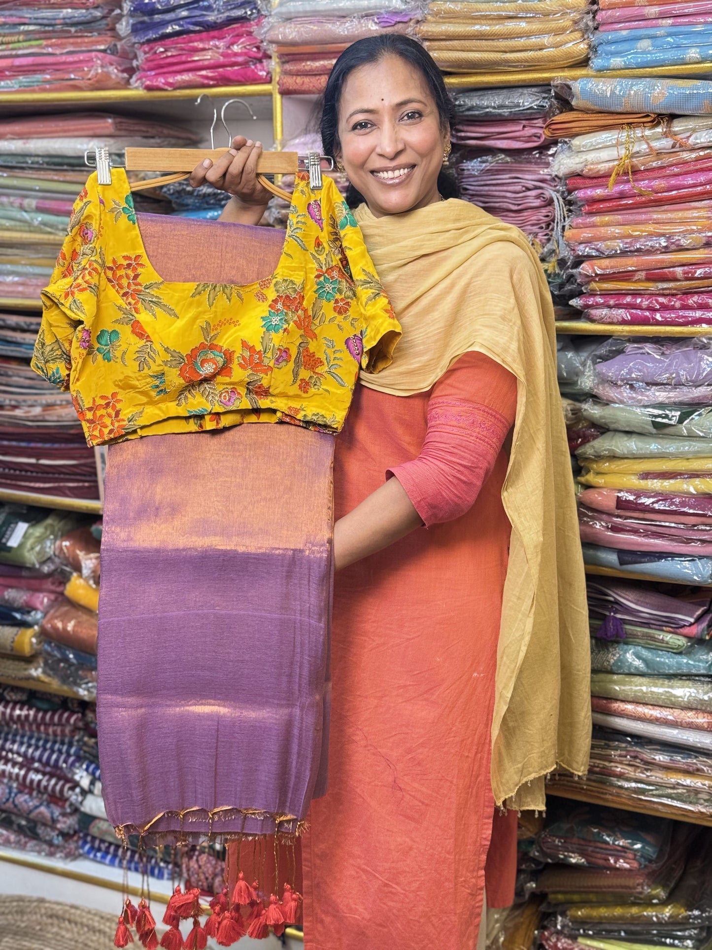 Light Purple Plain Khadi Tissue Saree with Stitched Blouse