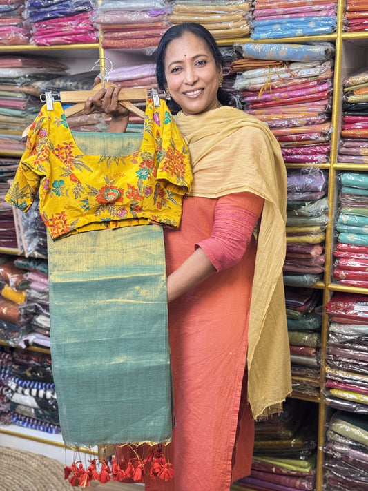 Rama Green Plain Khadi Tissue Saree with Stitched Blouse