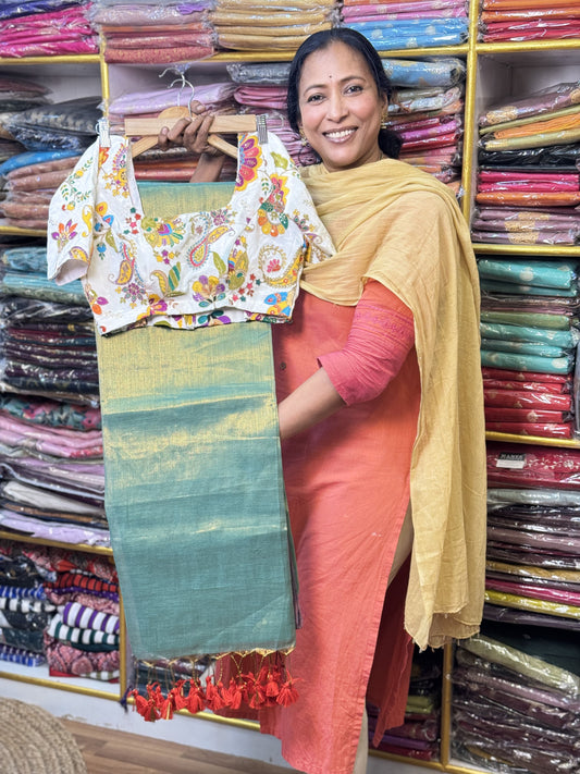 Rama Green Plain Khadi Tissue Saree with Stitched Blouse