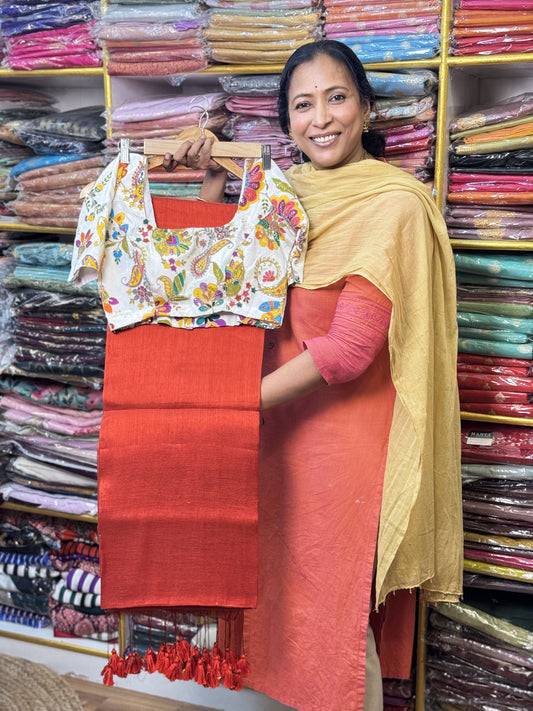Red Plain Khadi Tissue Saree with Stitched Blouse